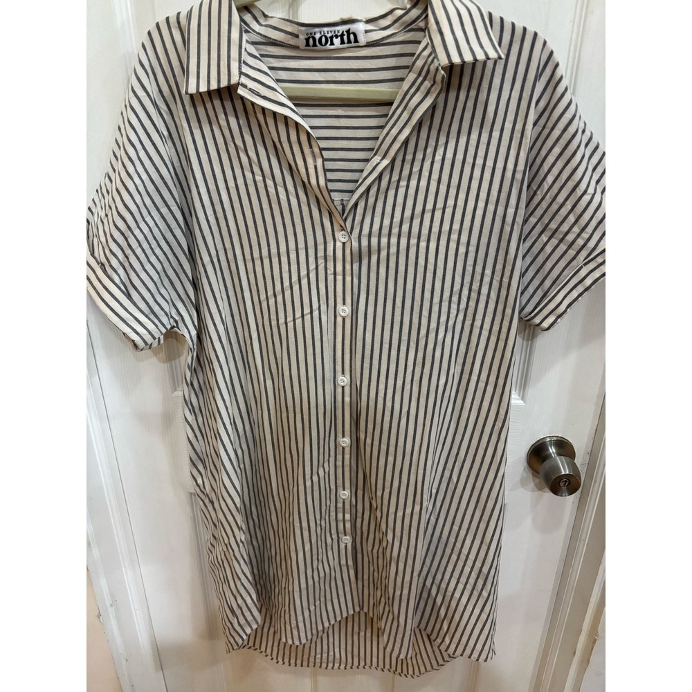 One Eleven North Shirt Dress Womens Large Black White Striped Cotton Button Up